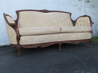 French Kidney Shape Hand Carved Walnut Early 1930s Sofa Couch 9217