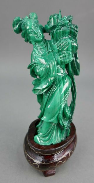 Fine Old Chinese Carved Green Malachite Flower Girl Guanyin Statue Figurine