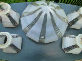 Set 5 Vintage Art Deco Ceiling Light Shades 4 Arm Antique Frosted & Clear Stripe