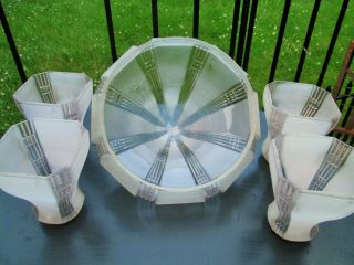 Set 5 Vintage Art Deco Ceiling Light Shades 4 Arm Antique Frosted & Clear Stripe 4