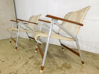 2 Mid Century Modern Cool Lines Retro Vinyl Strap Folding Patio Chairs Wood Arms