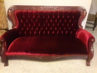 Antique Rococo Style Victorian Couchmade In The 1950/1960s,  Red Velvet Settee 1