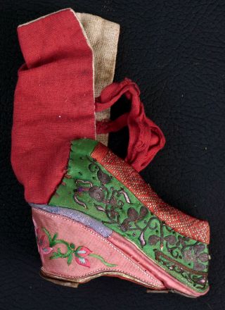 Single Antique 19th Century Chinese Embroidered Lotus Shoe Foot Binding