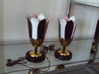 Vintage Mid Century Pink Black And White Tulip Table Lamps