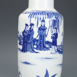 Fine Chinese Antique Qing Blue White Porcelain Figure Vase 3