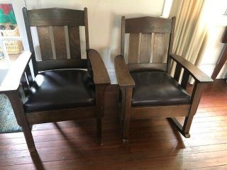Antique Mission Art And Crafts Pair - - Rocker And Chair,  Pretty Cushions