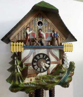 German Black Forest Music Animated Wood Chopper Sawyer Chalet Cuckoo Clock