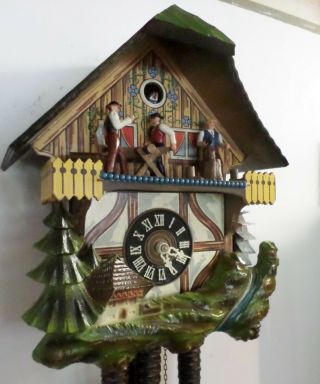 GERMAN BLACK FOREST MUSIC ANIMATED WOOD CHOPPER SAWYER CHALET CUCKOO CLOCK 2