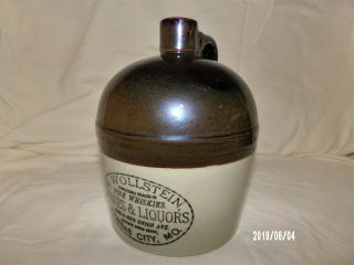 M.  Wollstein Kansas City Mo.  Stoneware Whiskey 1/2 Gallon Advertising Jug Rare 2