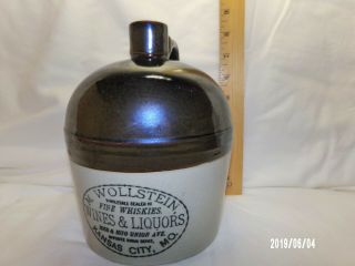 M.  Wollstein Kansas City Mo.  Stoneware Whiskey 1/2 Gallon Advertising Jug Rare 6