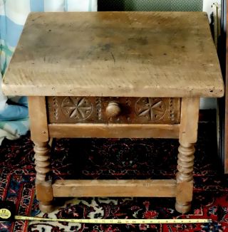 Rare Early 18th Century William & Mary Tiger Maple Table Carved Decorated Hex