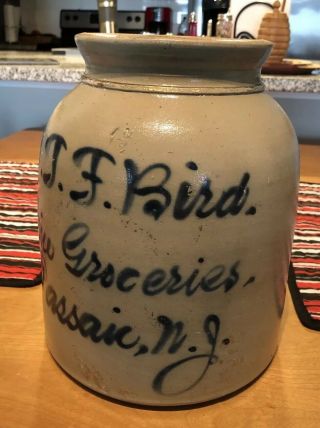 Antique Stoneware Jar J.  T.  F.  Bird Passaic NJ Jersey Fine Groceries Pottery 9