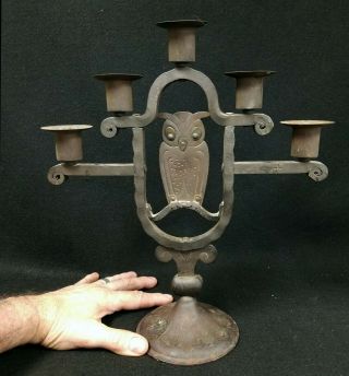Antique Goberg Arts & Crafts Hand Wrought Iron Owl Candelabra 5 Light