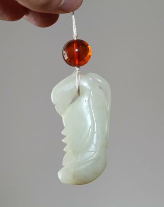 Antique Chinese White Jade & Amber Mandarin Duck,  Qing Dynasty 18th Century Rare