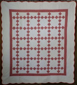 Vintage 1950s Red & White Nine Patch Quilt Scalloped Edges 83 " X 75 "