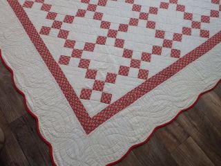 Vintage 1950s Red & White Nine Patch QUILT Scalloped Edges 83 