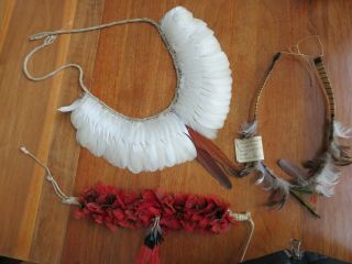 3 Antique Brazil Indigenous Parrot Feather Headdress Necklace Headband