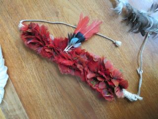 3 Antique Brazil Indigenous Parrot Feather Headdress Necklace Headband 6