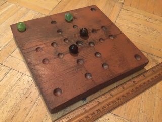 18th To Early 19th Century Pumpkin Color Painted Wood Marble Game W 4 Marbles