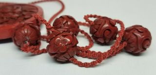 Antique Chinese 19thC Carved Cinnabar Pendant Necklace RESTRUNG w/ Cord 11