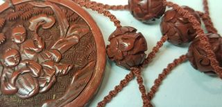 Antique Chinese 19thC Carved Cinnabar Pendant Necklace RESTRUNG w/ Cord 12