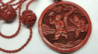 Antique Chinese 19thc Carved Cinnabar Pendant Necklace Restrung W/ Cord