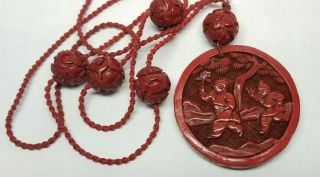 Antique Chinese 19thC Carved Cinnabar Pendant Necklace RESTRUNG w/ Cord 2