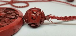 Antique Chinese 19thC Carved Cinnabar Pendant Necklace RESTRUNG w/ Cord 3