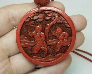 Antique Chinese 19thC Carved Cinnabar Pendant Necklace RESTRUNG w/ Cord 7