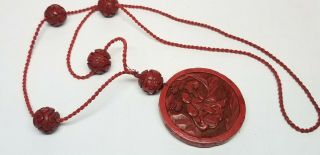 Antique Chinese 19thC Carved Cinnabar Pendant Necklace RESTRUNG w/ Cord 8