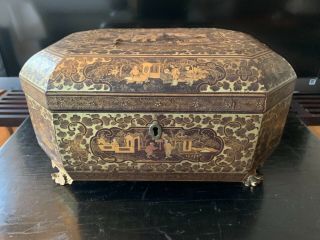 Antique Mid 19th C Chinese Export Lacquer Tea Caddy Sewing Box Gilt Large Qing