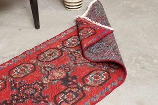 Handmade Distressed Persian Red Area Rug 2x9 Runner Vintage Oriental Geometric 3