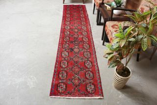 Handmade Distressed Persian Red Area Rug 2x9 Runner Vintage Oriental Geometric 8