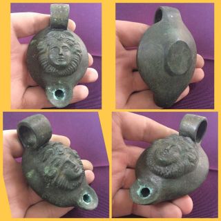 Rare Ancient Roman Bronze Goddess Face Oil Lamp,  2nd To 4th Century Ad