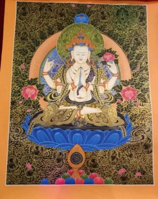 Rare Masterpiece Handpainted Tibetan Chenrezig Thangka Painting Chinese Dharma