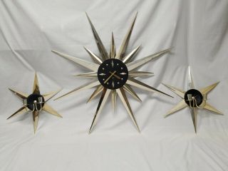 Mcm 1957 Antique Windup Starburst Sunburst Atomic Wall Clock - Candle Holders 34 "