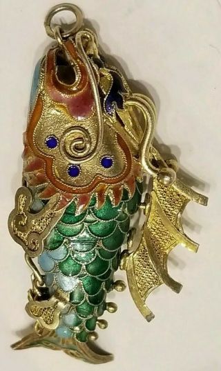 Vintage Chinese Dragon Fish Gold Gilded Silver Cloisnane Articulated Pendant