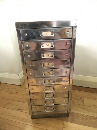 Fabulous Vintage Polished Steel Office Drawer Cabinet.  10 Drawer A4,  Industrial