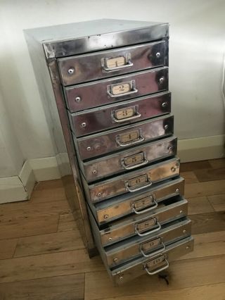 Fabulous vintage polished steel office drawer cabinet.  10 drawer A4,  industrial 7