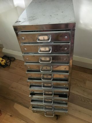 Fabulous vintage polished steel office drawer cabinet.  10 drawer A4,  industrial 9