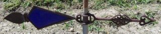 Antique Cast Iron Weathervane Arrow Heart Shaped Cobalt Blue Glass Kite Tail 2