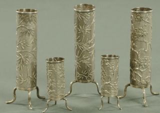 Five Chinese Silver Solifleur Bud Vases,  Wang Hing,  Canton,  Circa 1900