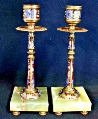 Pair French Antique Brass & Onyx Champleve Enamel Candlesticks Candle Stick