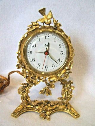 Vintage Matson Gold Metal Electric Alarm Clock Dogwood Blossoms Bird Engraved Ca