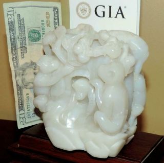 Gia Certified Chinese Antique White Hetian Mutton Fat Nephrite Jade Carving