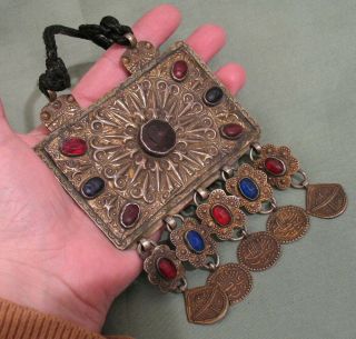 Antique Turkmen Turkmenistan Yomud Silver Gilt Amulet Pendant With Stones 209g
