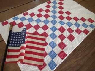 Patriotic Americana Antique C1880 Red White Blue Table Or Doll Quilt 24x16