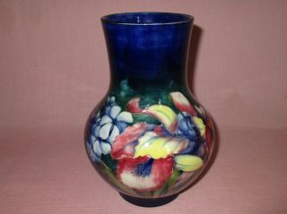 Vintage Moorcroft Pottery England Cobalt Blue Orchid Bulbous Vase 8 5/8 " 1930 