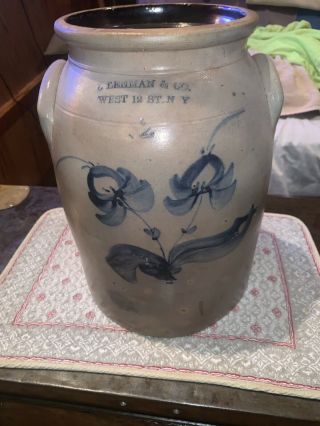 L.  Lehman & Co W.  12th.  St.  Ny Stoneware Jar W/cobalt Floral Decoration Cira 1860