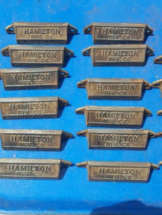 17 Antique Hamilton Mfg Co Cast Iron Drawer Pulls Handles for Printer Case 4 